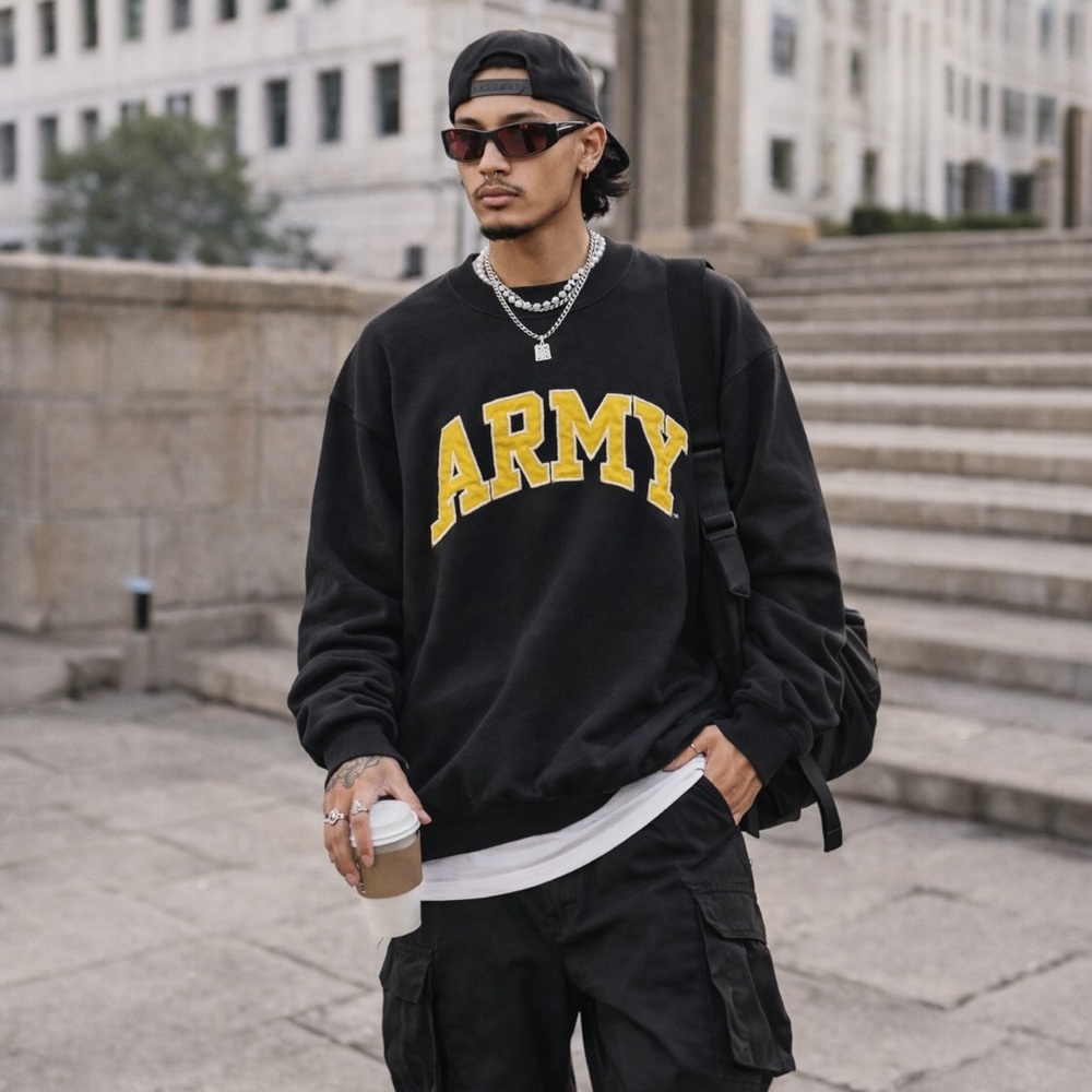 Vintage Steve & Barry’s Army Graphic Crewneck‎ Sweatshirt XL Black LA1